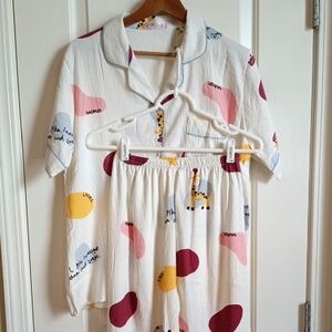 Cream Pajama Set with Pink, Maroon & Yellow Print.Size S/M